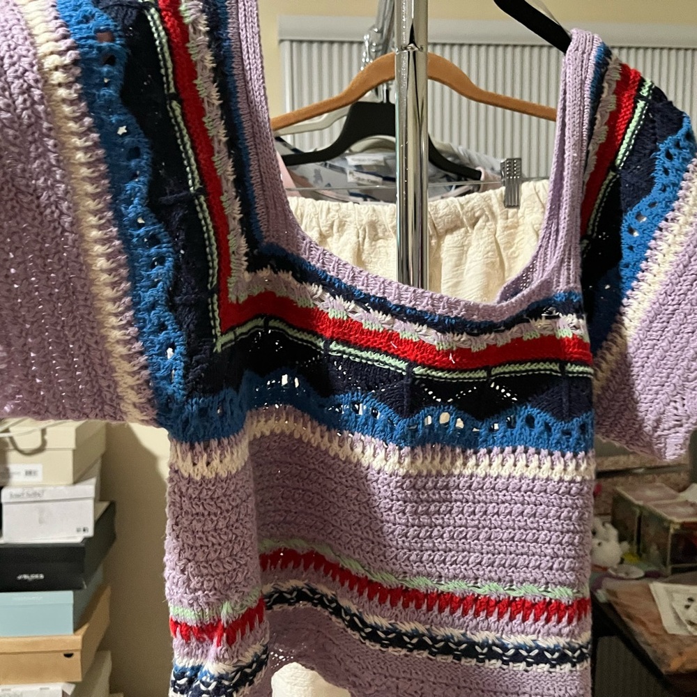 POL Purple and Blue Crop Crochet Lavender Multi Color Top
